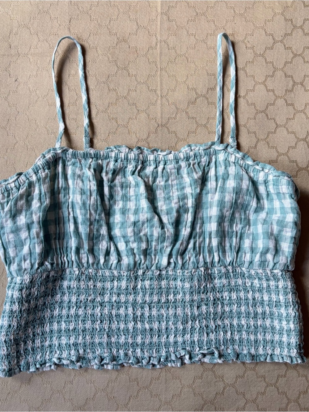 American Eagle Cotton Linen Gingham White Green Crop Tank Top Womens Small